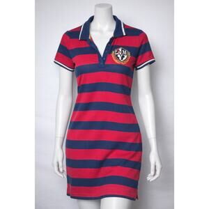 Disney Women's Red & Navy Striped Polo Shirt Dress Crest Logo Size Large